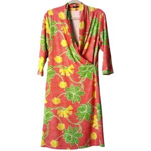 J.McLaughlin Faux‎ Wrap Dress Size L | Red Floral Print Stretch Jersey Midi